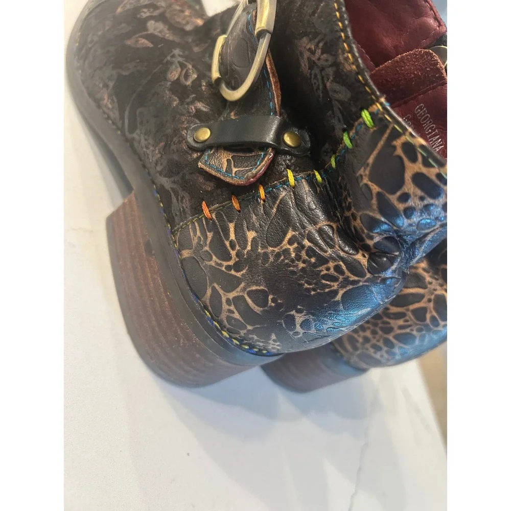 L'Artiste Georgiana Boots Black Leather Floral Embossed Rainbow Stitch Ankle 38
